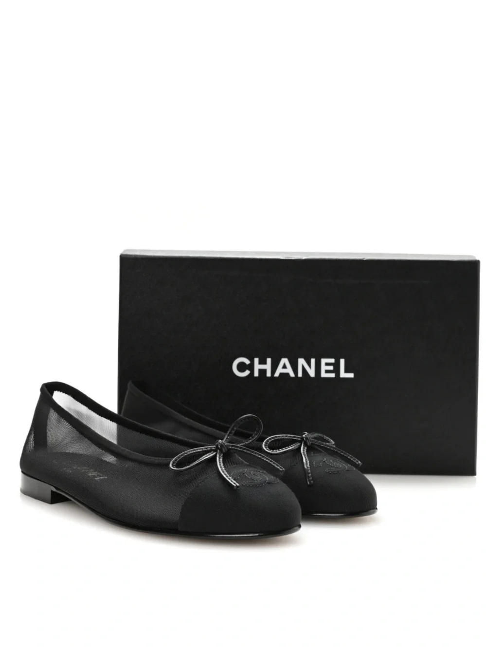 CHANEL Black Mesh Ballet Flats with Bow Trim